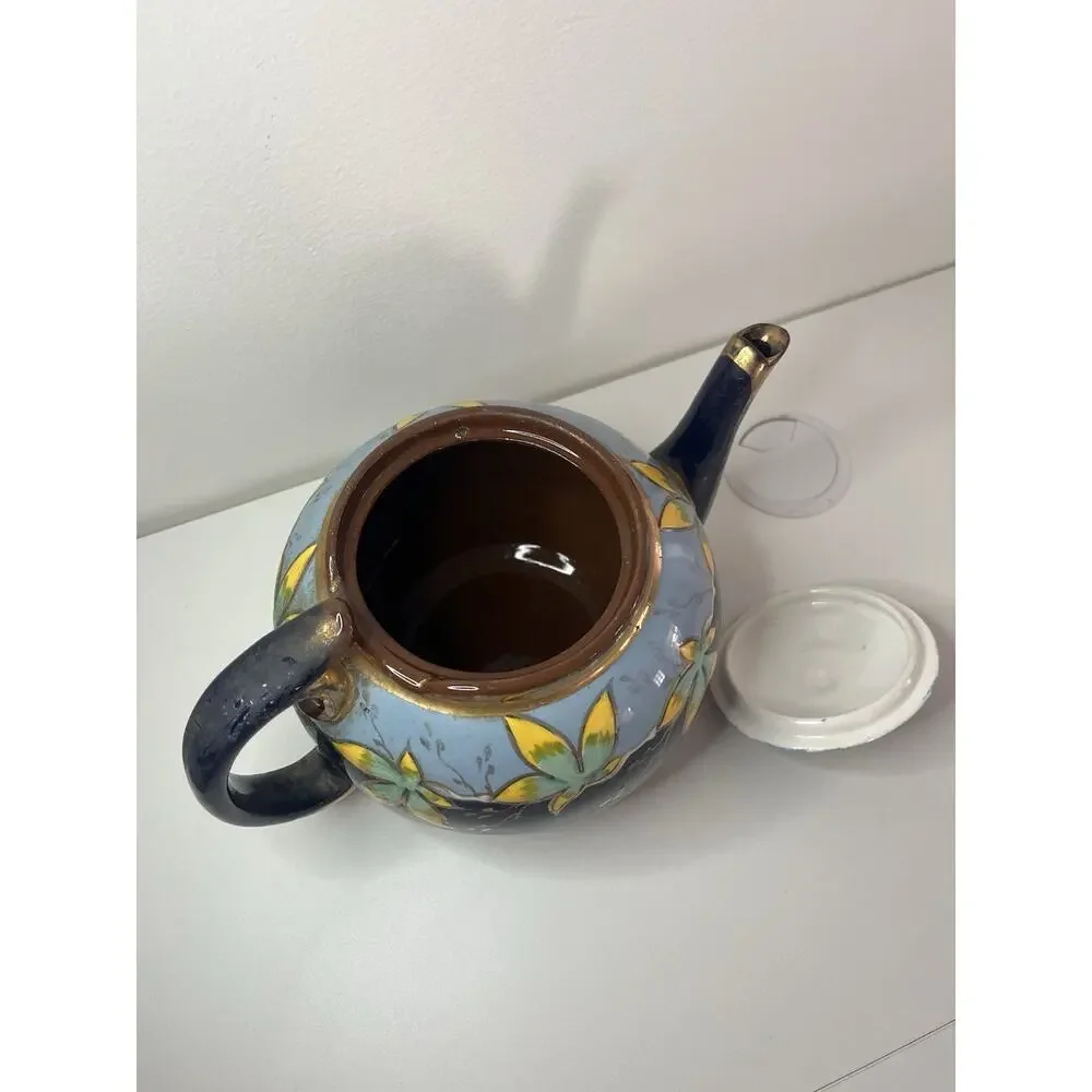 Sadler Blue & Gold Floral Guilted Decorate Brown Teapot Vintage England Decor
